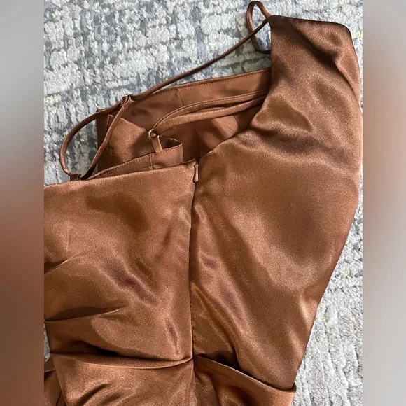 Galina Signature Charmeause Draped One-Shoulder Dress | Tawny Color | Size 0 - Picture 5 of 9